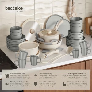 Tectake Küchenstarterset mit Geschirr, Töpfen und Pfannen aus Steingut und Aluminium.