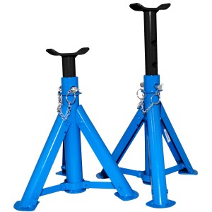 Zwei blaue Güde Unterstellböcke aus dem Reifenwechsel-Set, höhenverstellbar.