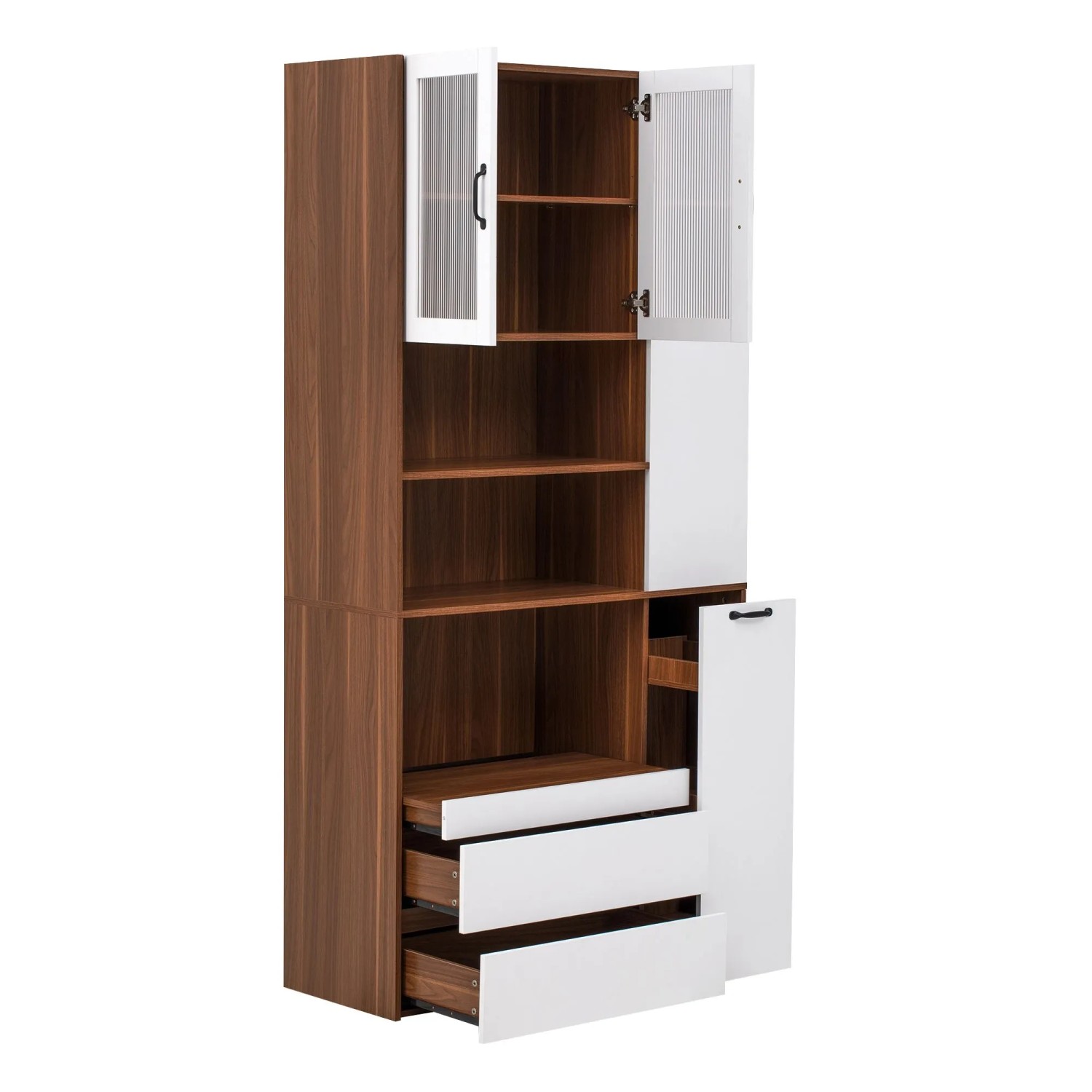 okwish Highboard mit Riffelglas Schubladen Verstellbare Böden Küche 100x40x200cm Braun
