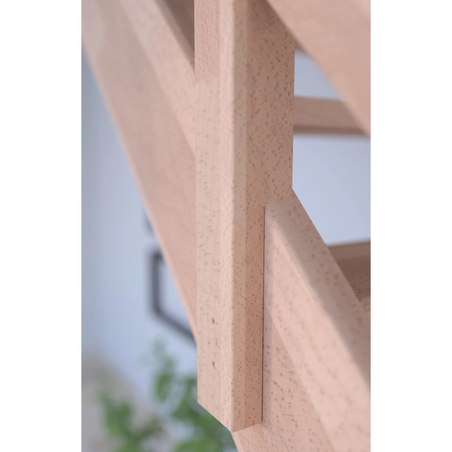 Detailaufnahme: Gerade Treppe Mykonos Pro Buche mit Holz-Edelstahl-Geländer.