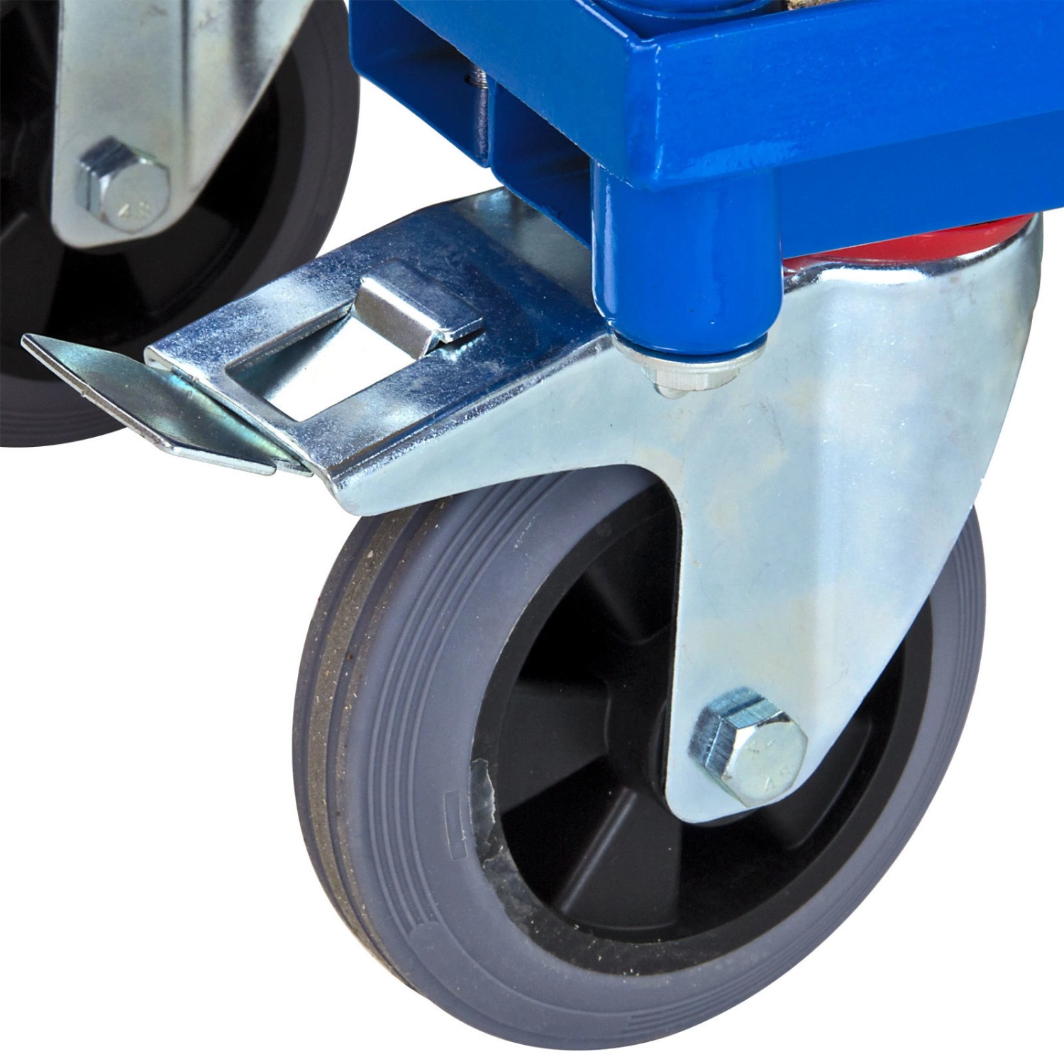 Detailaufnahme: Lenkrolle mit Feststellbremse am PROREGAL Transportwagen, Baugeräte.