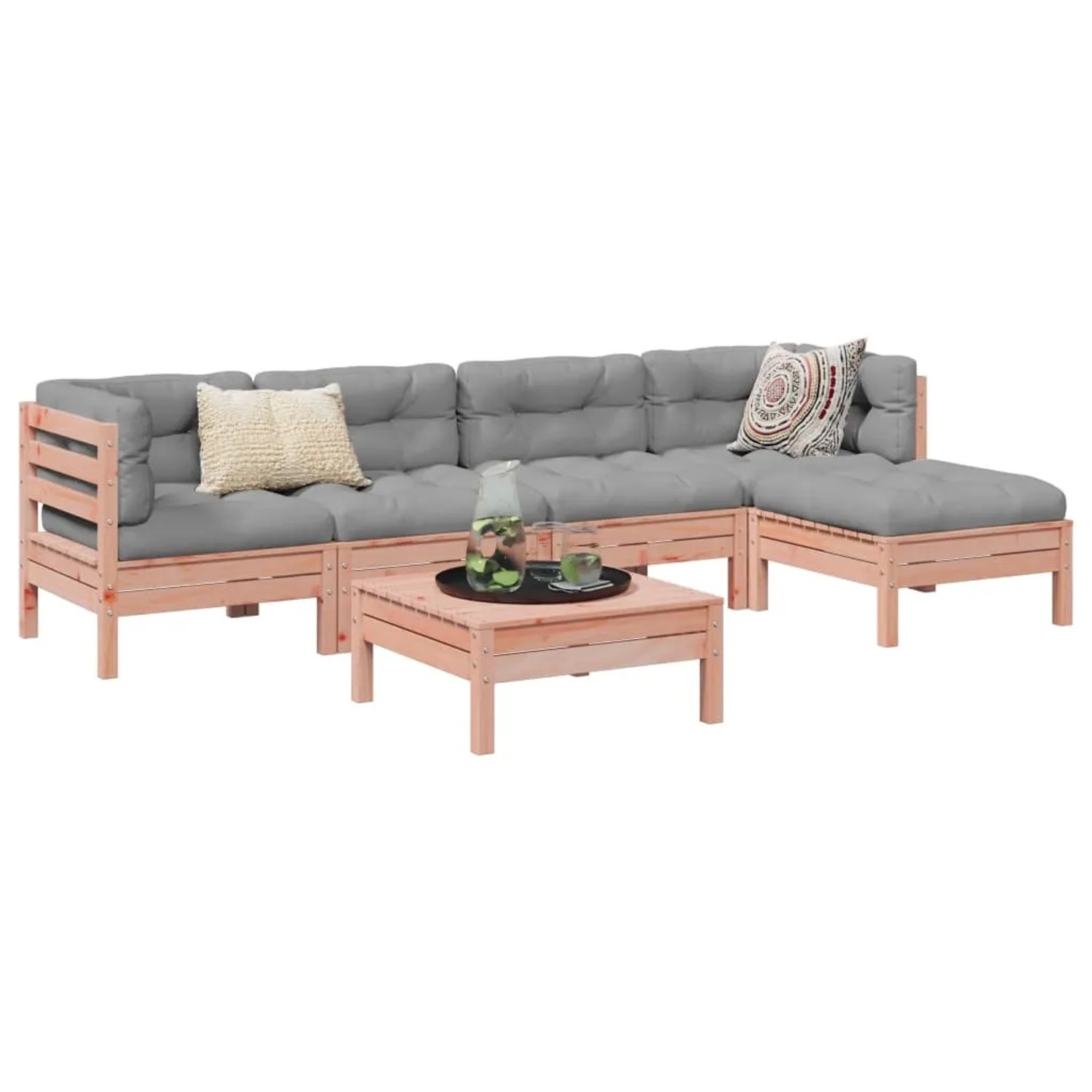vidaXL 6-tlg. Garten-Sofagarnitur aus Douglasie mit grauen Kissen und Tisch.