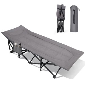 Sekey Feldbett mit Matratze, grau, zusammengeklappt und in Tragetasche. Campingbett mit Seitentasche.