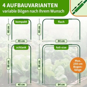 Pflanztunnel Vario: 4 Aufbauvarianten der Tunnelbögen mit Maßangaben für Beet und Garten.