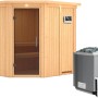 Karibu Sauna Swenna mit Bio-Ofen, externer Steuerung, Dachkranz und Graphit-Tür.