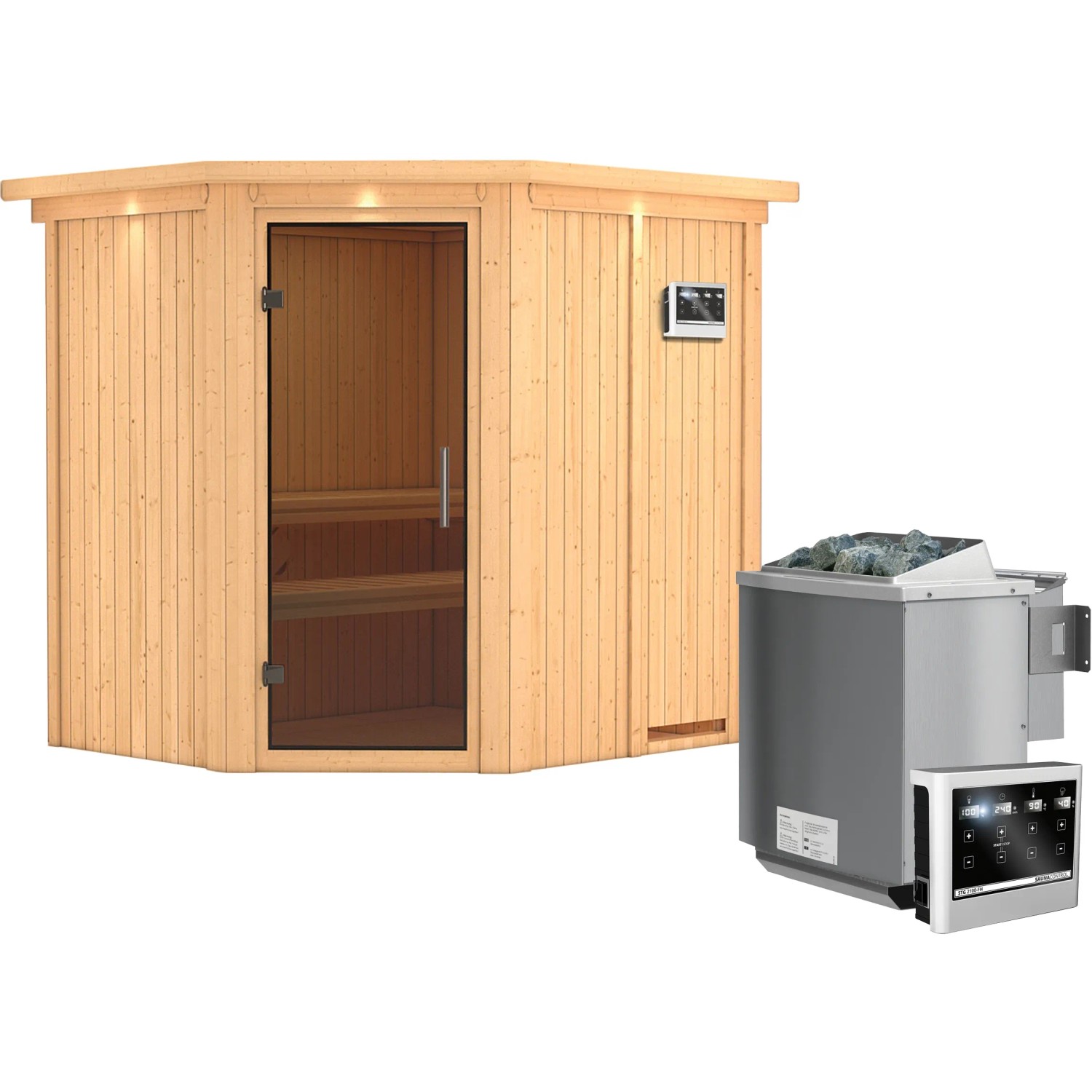 Karibu Sauna Swenna inkl. Bio-Ofen 9 kW ext. Steuerung, Dachkranz, Tür Graphit