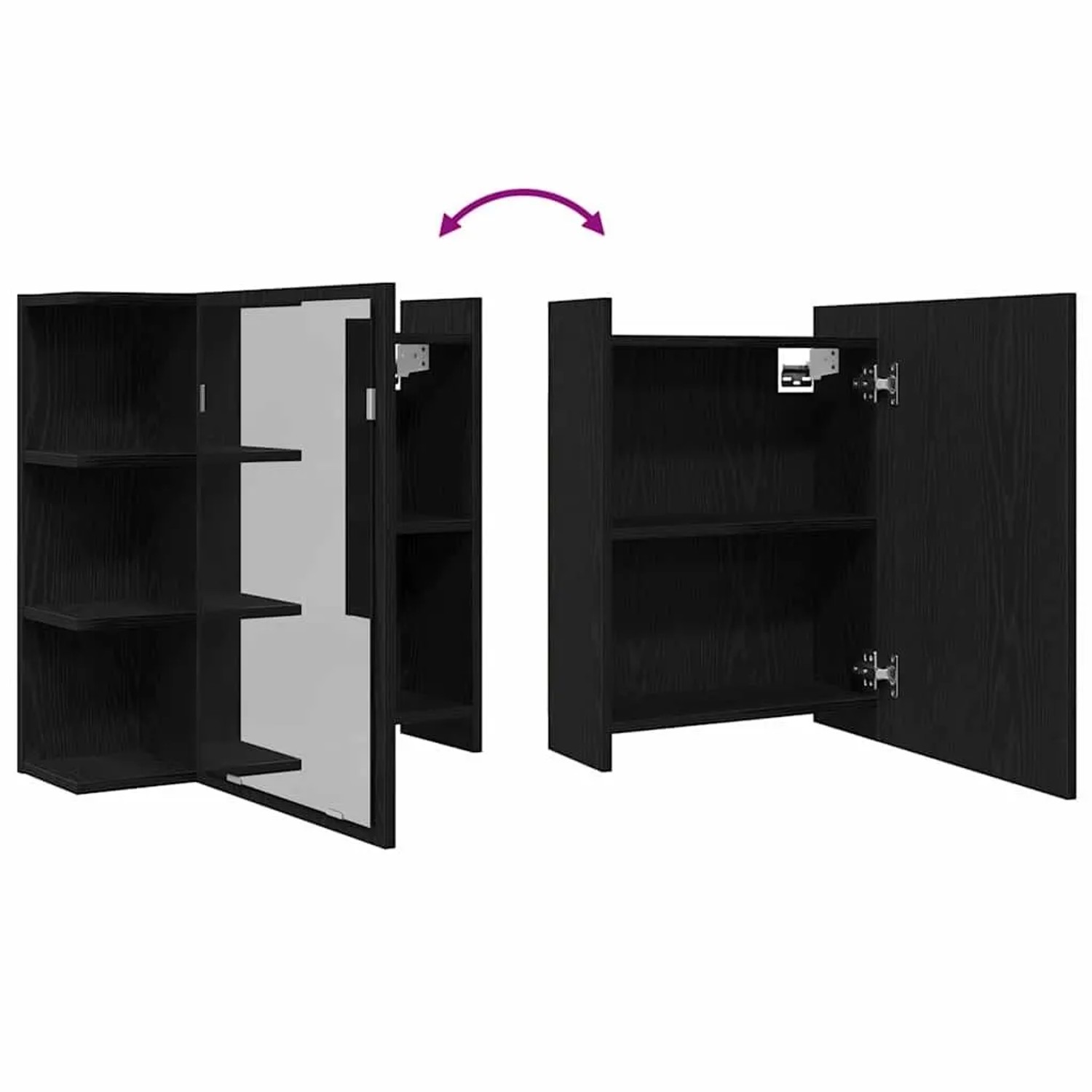 vidaXL Spiegelschrank in Schwarz Eichen-Optik mit Tür und Regal, geöffnet und geschlossen dargestellt.