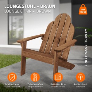 Brauner Adirondack-Stuhl aus Tannenholz, ideal für Garten und Terrasse.