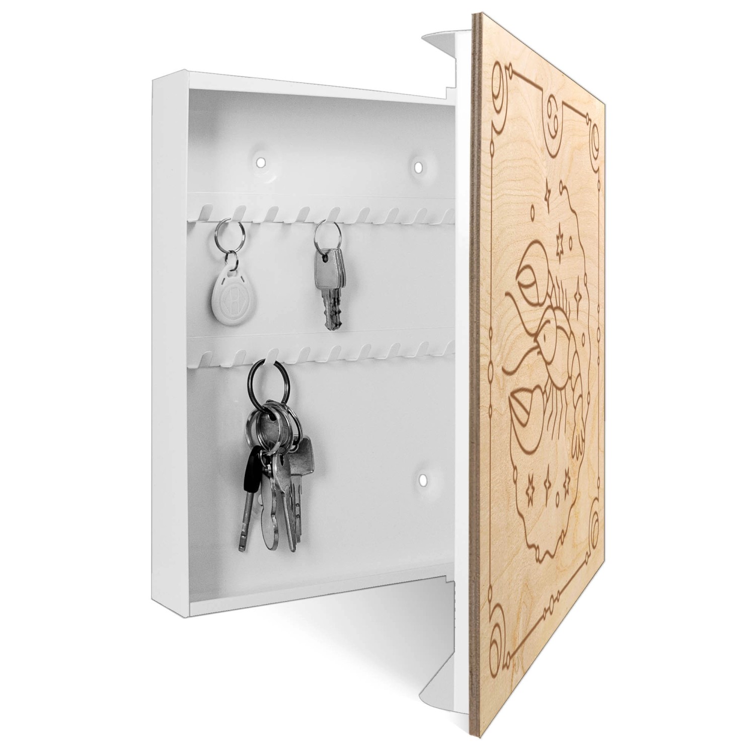 Banjado Schlüsselbox mit Astrologie Krebs Motiv, 30x30cm, 50 Haken, Holzfront, weißer Korpus.