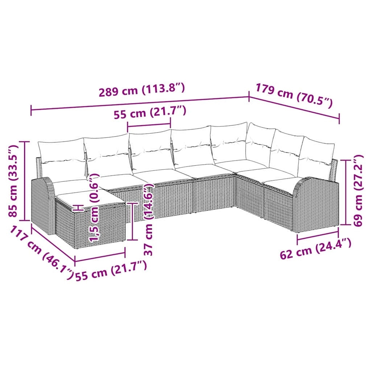 Graues 8-teiliges vidaXL Garten-Sofa-Set aus Polyrattan mit Kissen und Maßangaben.