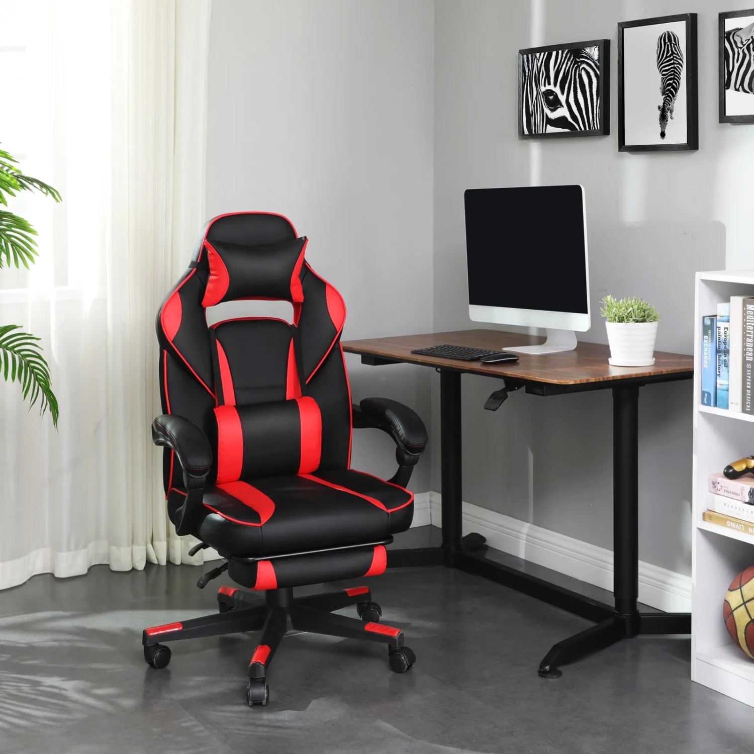 Songmics Bürostuhl, schwarz-rot, mit Kopf- und Lendenkissen für optimalen Komfort.