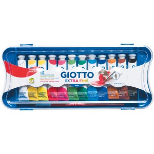 Giotto Extra Fine Plakatfarben-Set mit 12 Farben, Pinsel und Mischpalette im transparenten Kasten.
