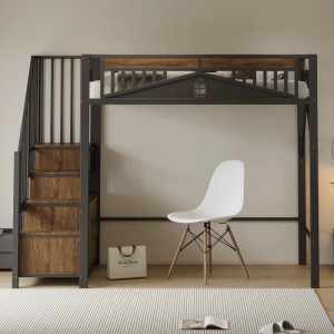 Schwarzes Merax Hochbett 90x200cm aus Metall mit Holztreppe, Stauraum & Fenster-Design. Freiraum darunter für Spielbereich.
