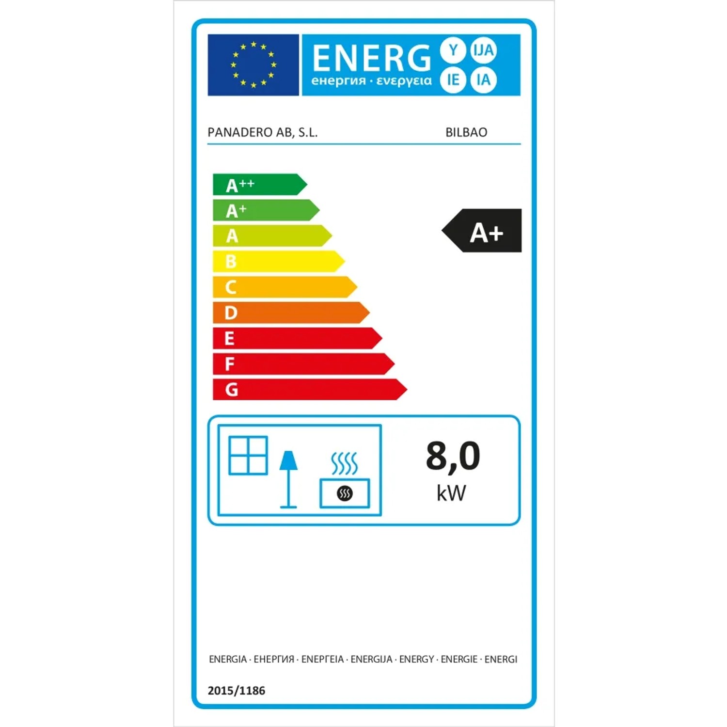 Energielabel für Panadero Bilbao Kaminofen, 8 kW, Energieeffizienzklasse A+