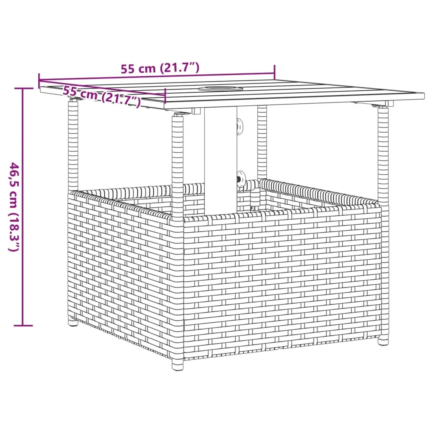 Schwarzer vidaXL Gartentisch mit Schirmloch, 55x55 cm, Poly Rattan.