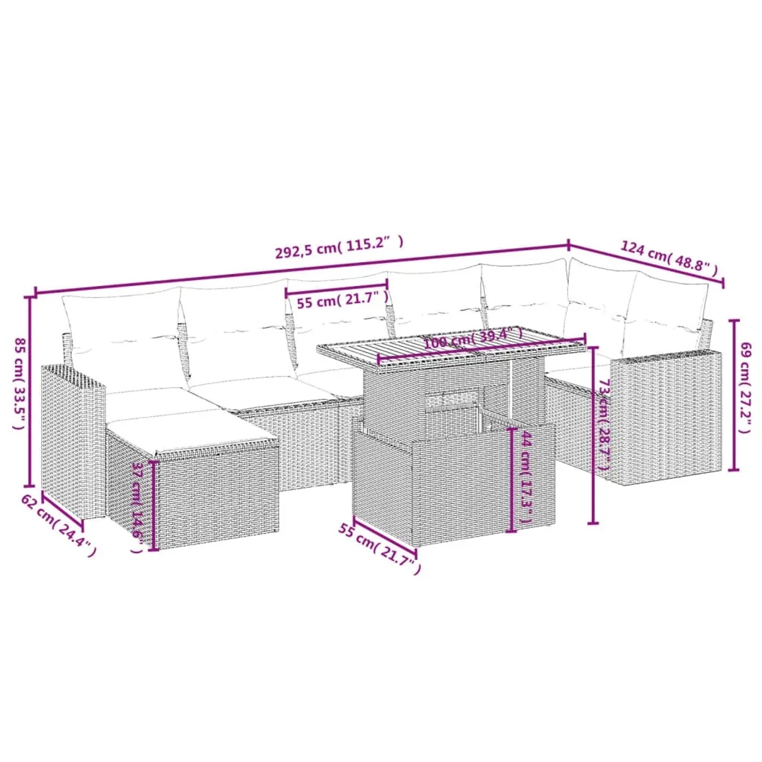 Graue 8-tlg. Garten-Sofagarnitur aus Polyrattan mit Kissen, Maße siehe Detailzeichnung.