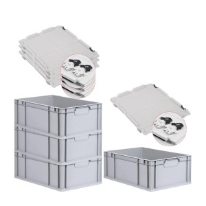 PROREGAL Spar Set: 4 graue Euroboxen mit Scharnierdeckel und schwarzen Schiebeverschlüssen. Ideal zur Aufbewahrung.