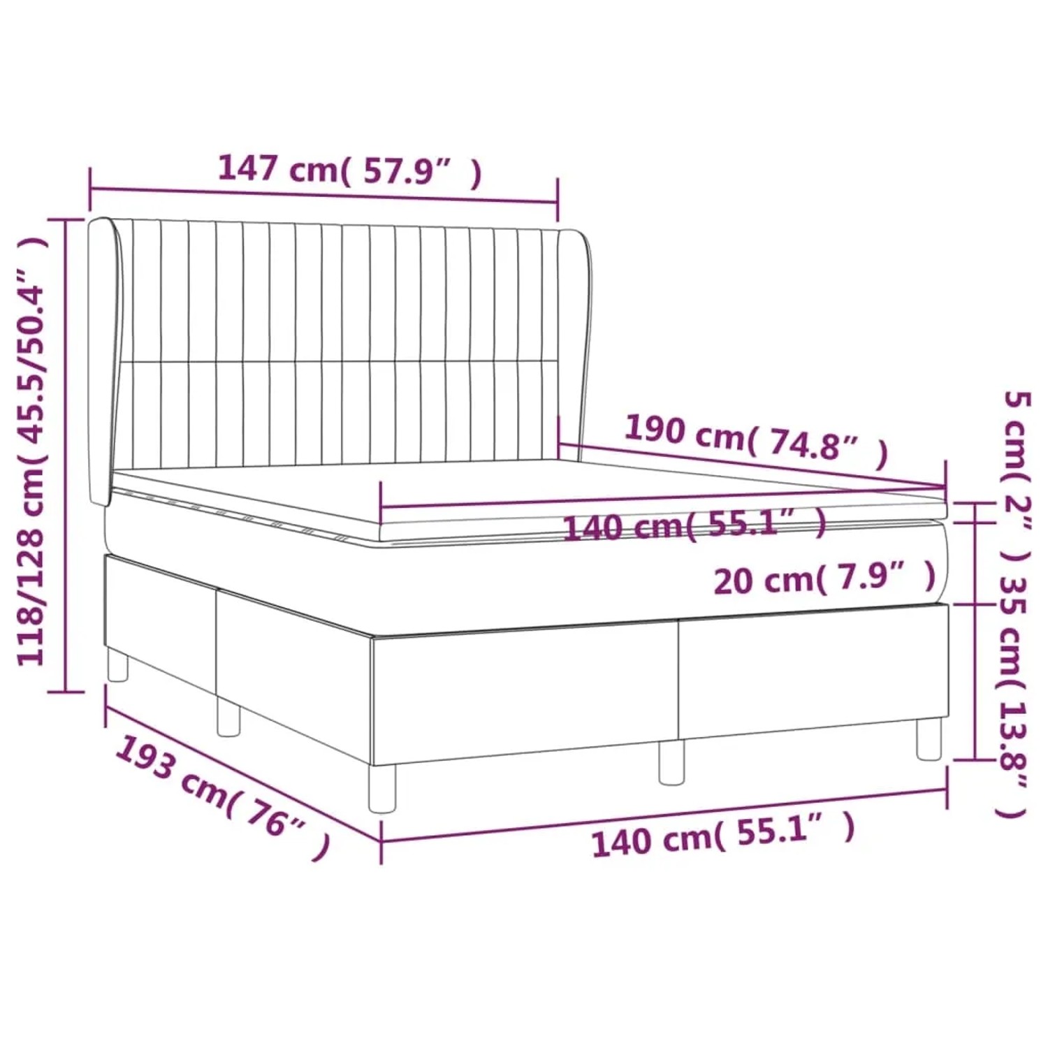 vidaXL Boxspringbett Taupe 140x190 cm mit Matratze und Kopfteil, Stoffbett