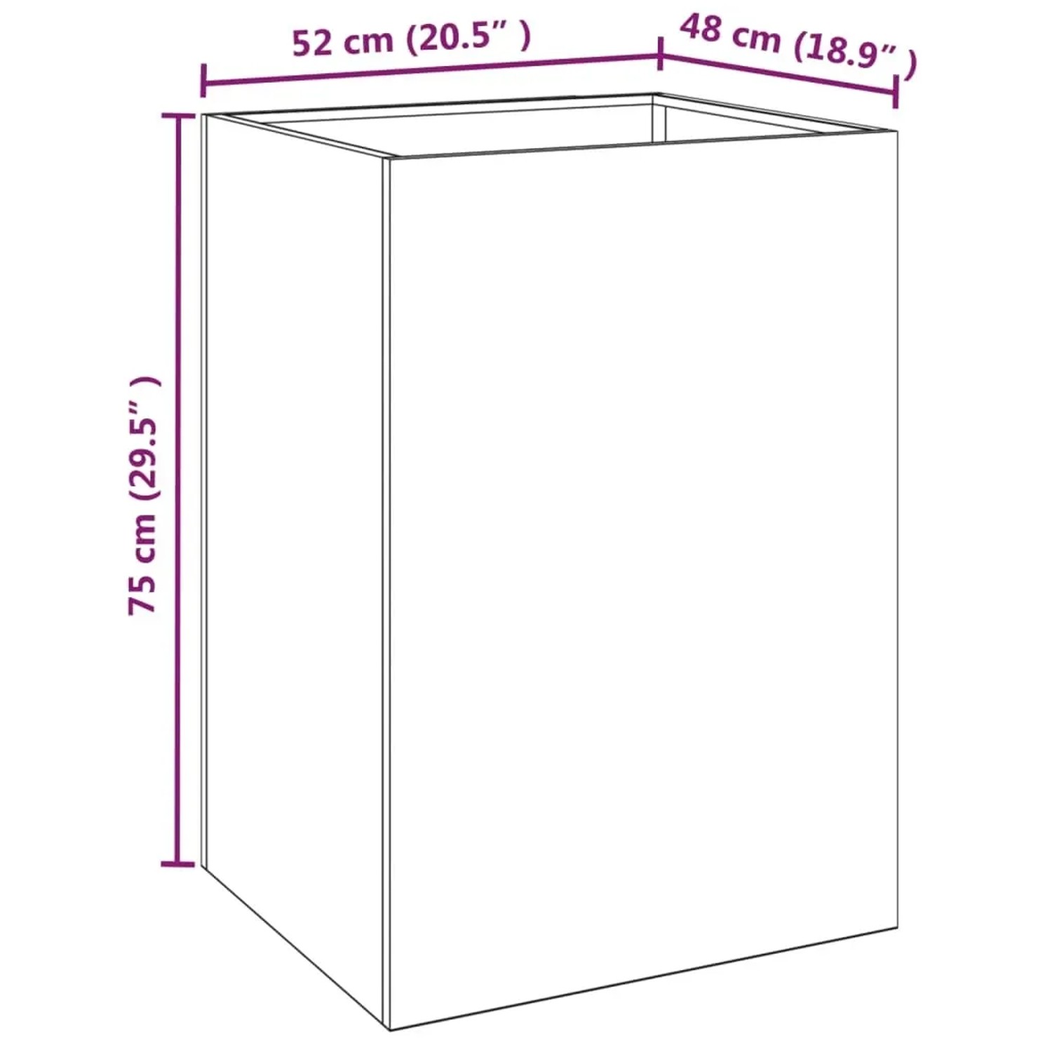 vidaXL Pflanzkübel aus Cortenstahl, rechteckig, 52x48x75 cm. Technische Zeichnung mit Maßangaben.