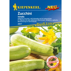 Kiepenkerl Profi-Line Zucchini Ismalia Samenpackung mit hellgrünen Zucchinis und gelber Blüte.