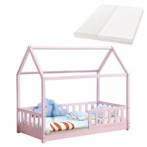 Rosa Juskys Kinderbett Marli 80x160 cm mit Matratze und Lattenrost im Hausbett Design.