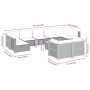 vidaXL 10-tlg. Garten-Sofagarnitur grau Poly Rattan mit Maßen, bestehend aus Sofa, Sesseln und Tisch.