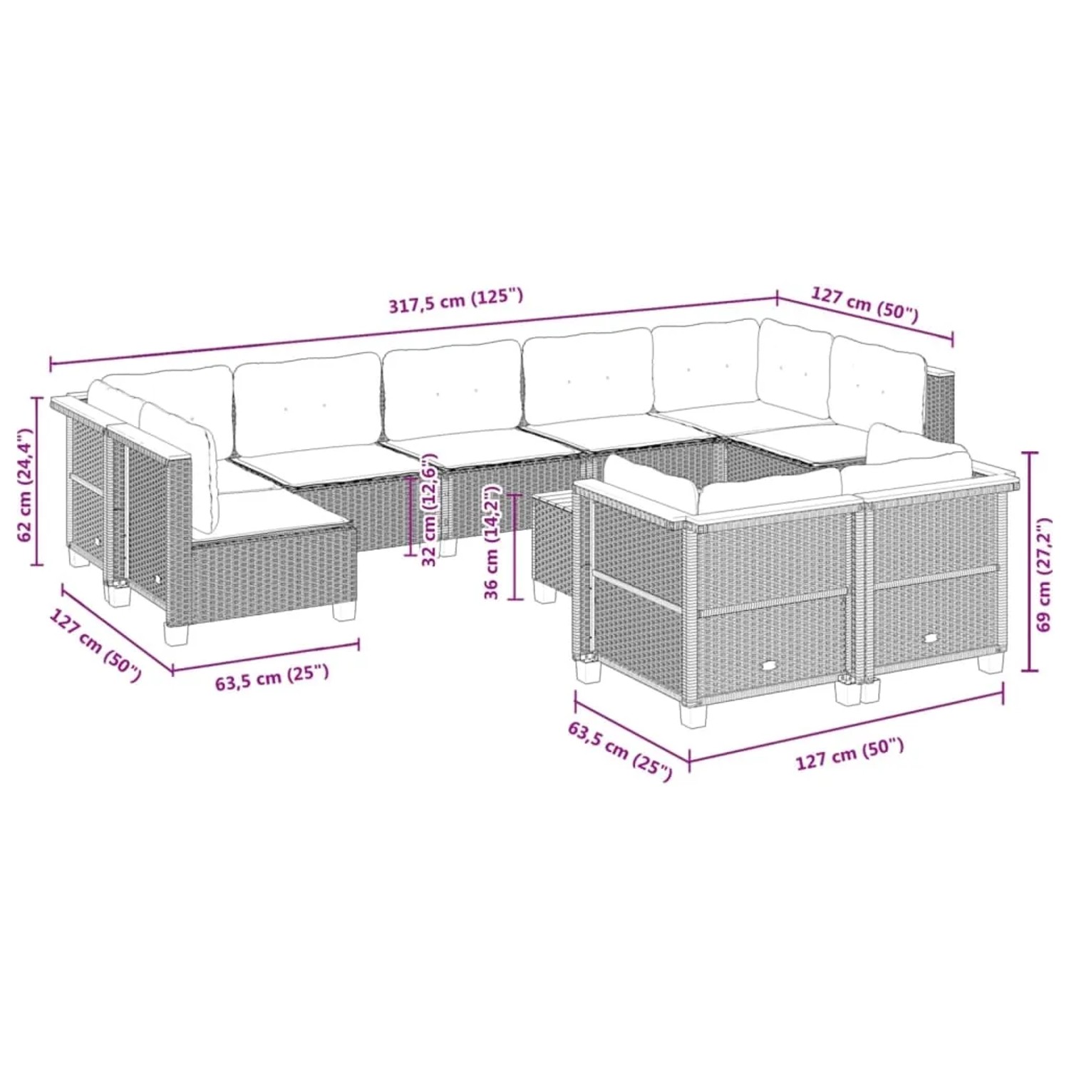 vidaXL 10-tlg. Garten-Sofagarnitur grau Poly Rattan mit Maßen, bestehend aus Sofa, Sesseln und Tisch.
