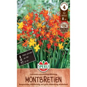 Sperli Montbretien Mix: Blüten in Gelb, Orange und Rot, ideal für Beet und Kübel.