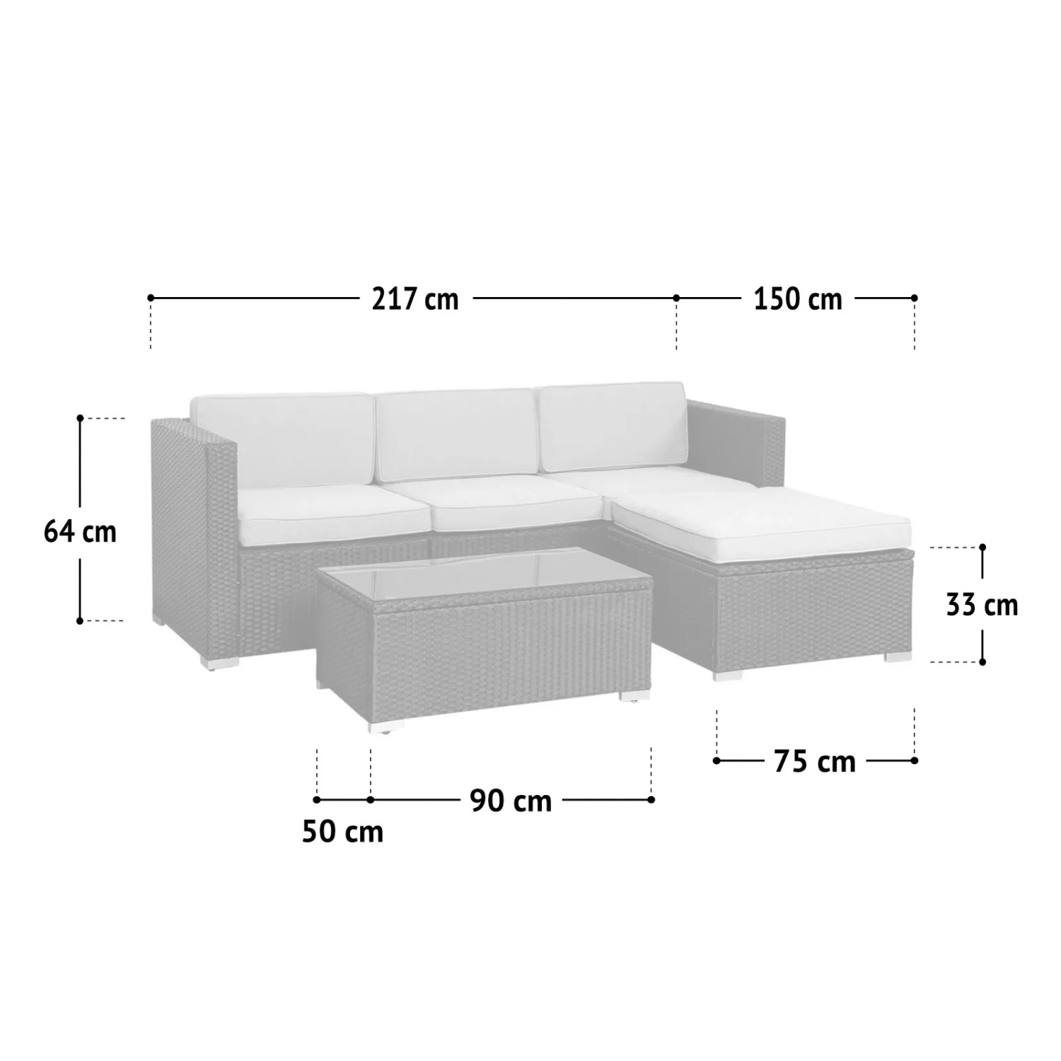 Svita California Gartenlounge Set, Polyrattan, schwarz, mit Tisch und Maßen.