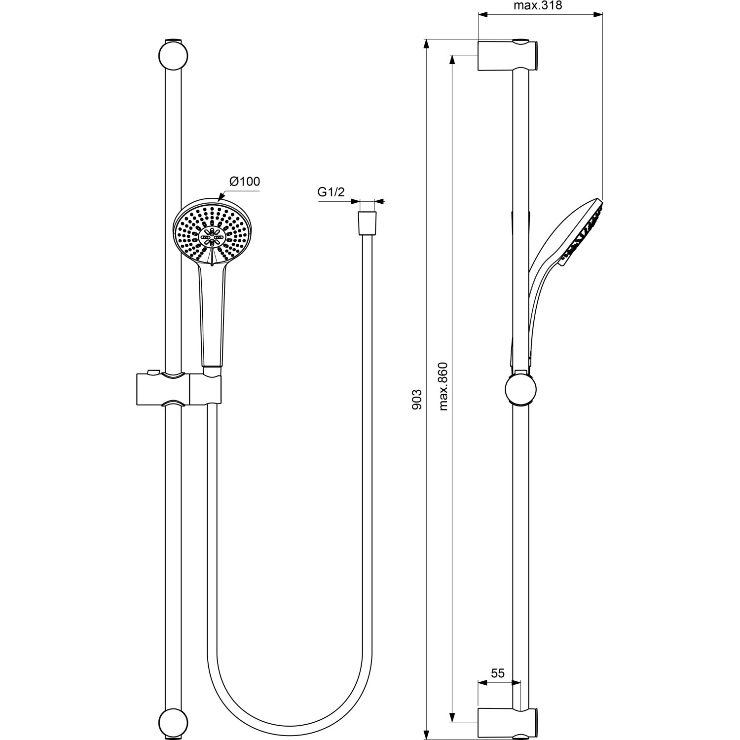 Ideal Standard Ceraflex Armaturenpaket mit Brausearmatur in Chrom, technische Zeichnung.