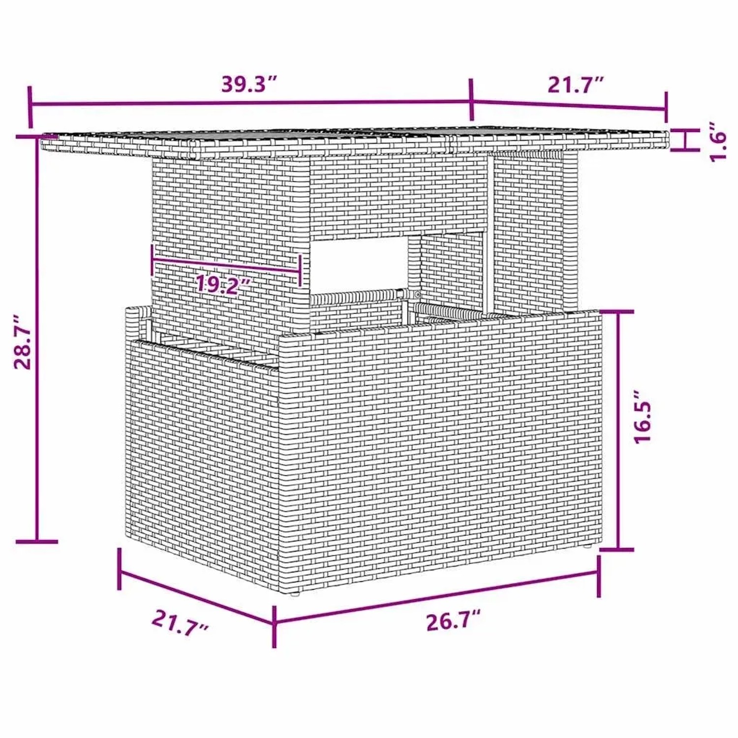 Skizze des vidaXL Gartenmöbel-Sets, 8-teilig, aus schwarzem Poly Rattan mit Maßangaben.