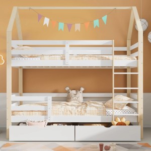 KOMHTOM Doppelbett 90x200Cm Kinderbett In Hausfürm Mit Schubladen Kiefernholz Haus Bett für Kids Weiß+Holzfarbe Ohne Matratze