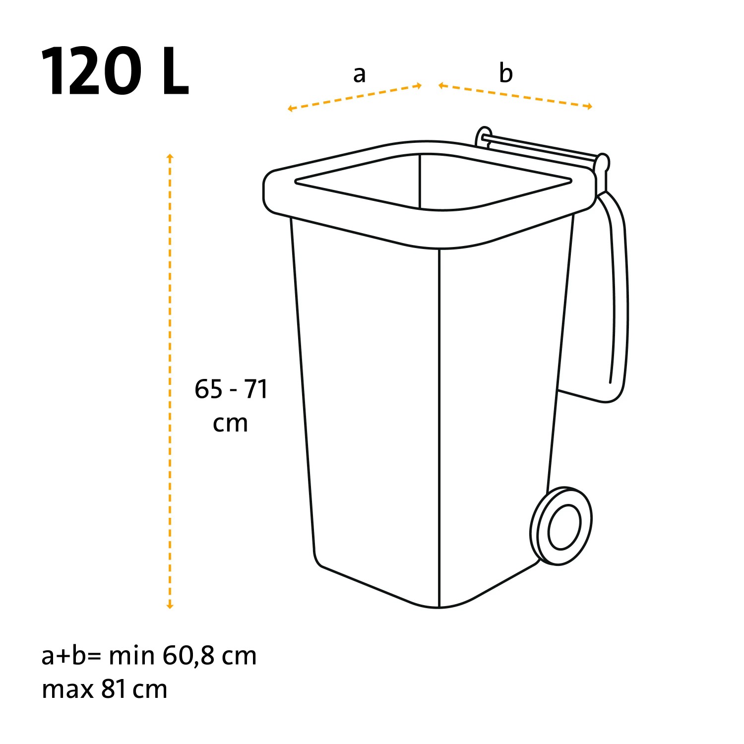 Abbildung einer 120L Mülltonne mit Maßangaben zu Höhe und Breite.