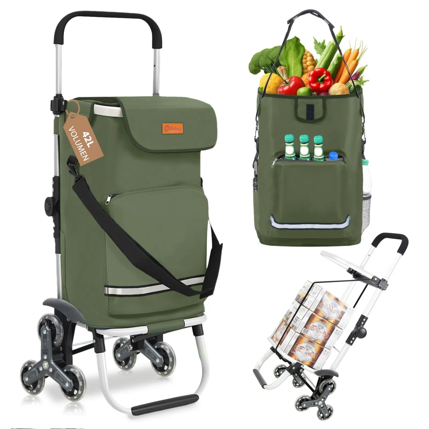 Sekey 3-in-1 Faltbarer Einkaufstrolley Treppensteiger mit Kühlfach und Spanngurt Grün