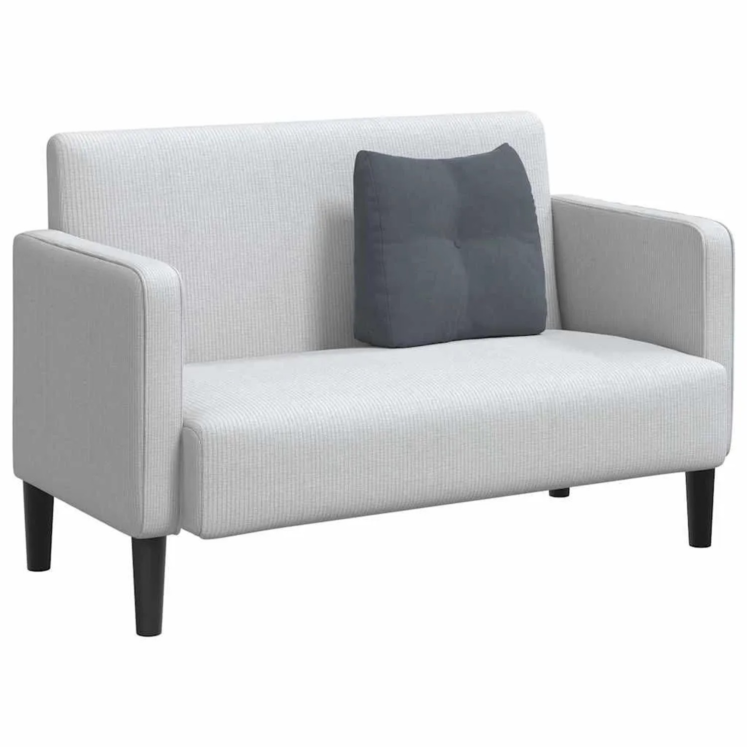 Dunkelgraues Samt-Rückenkissen auf einem hellen Sofa. Weiches Kissen für ergonomische Rückenunterstützung.