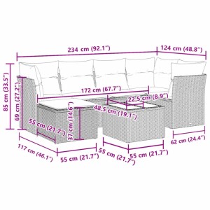 vidaXL 7-tlg. Garten-Sofagarnitur aus Poly Rattan in Braun mit Maßen. Gartenmöbel-Set mit Kissen.