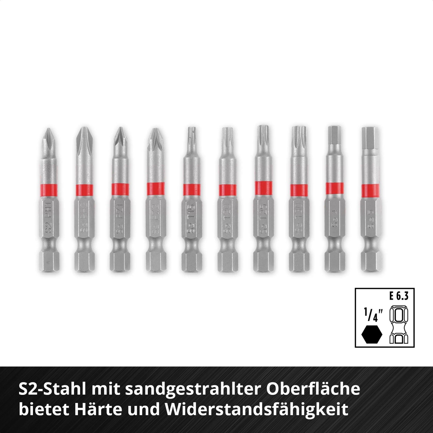 10-teiliges Einhell Bit-Set im Taschenformat mit verschiedenen Profilen (PH, PZ, TX, HEX).