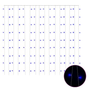 Blauer LED-Lichtervorhang 3x3 m mit 300 LEDs für Weihnachtsdekoration innen & außen. Nahaufnahme blauer Lichter.