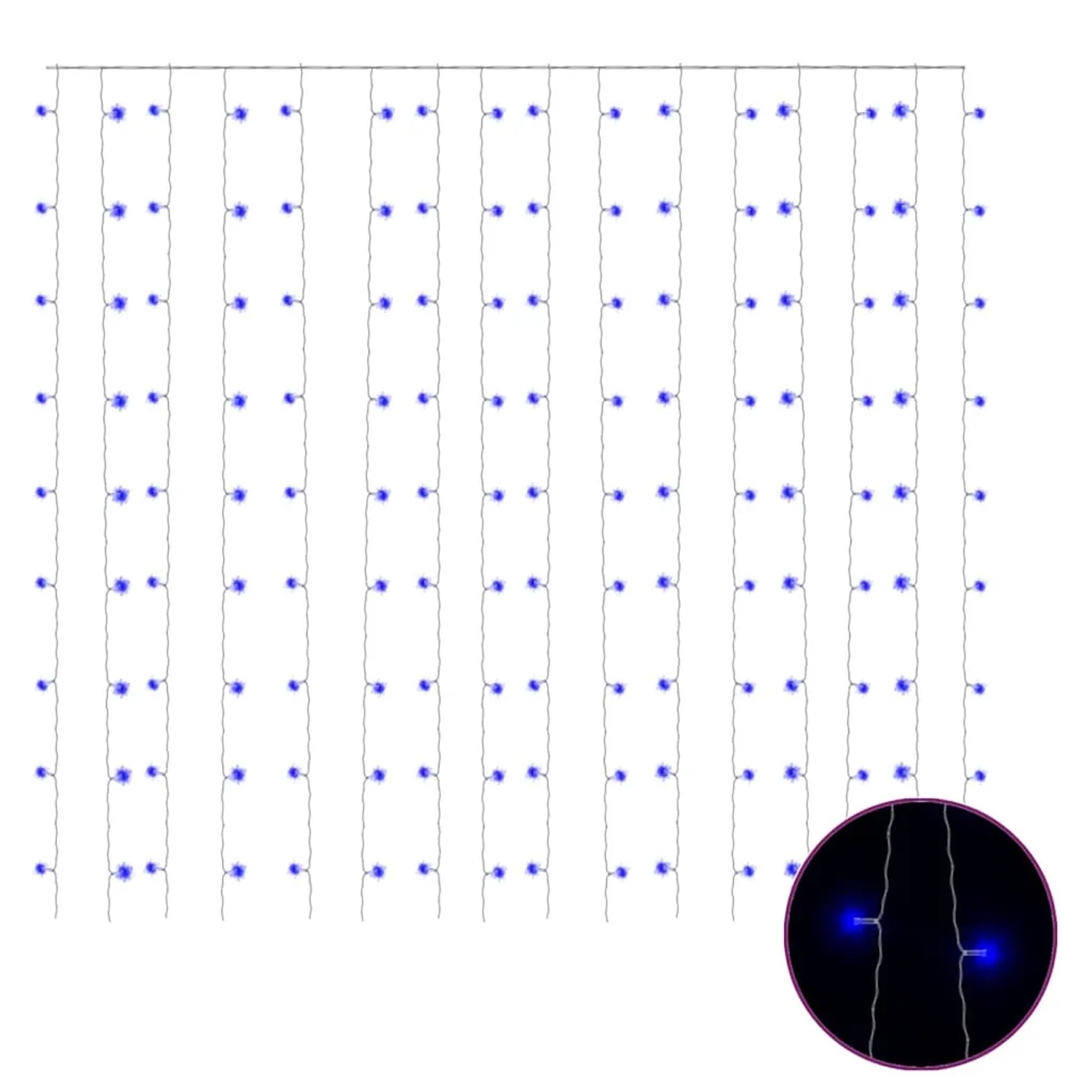 Blauer LED-Lichtervorhang 3x3 m mit 300 LEDs für Weihnachtsdekoration innen & außen. Nahaufnahme blauer Lichter.