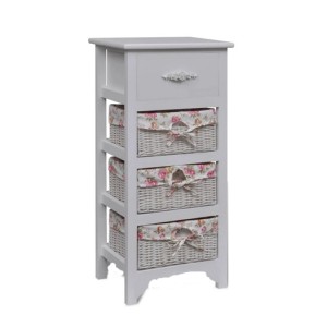 Weiße Korbkommode mit Schublade und 3 Körben aus Paulownia-Holz. Romantisches Design für Büro oder Wohnraum.