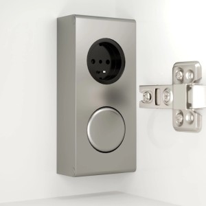 Steckdose und Lichtschalter in Spiegelschrank-Kombibox, weiß Hochglanz.