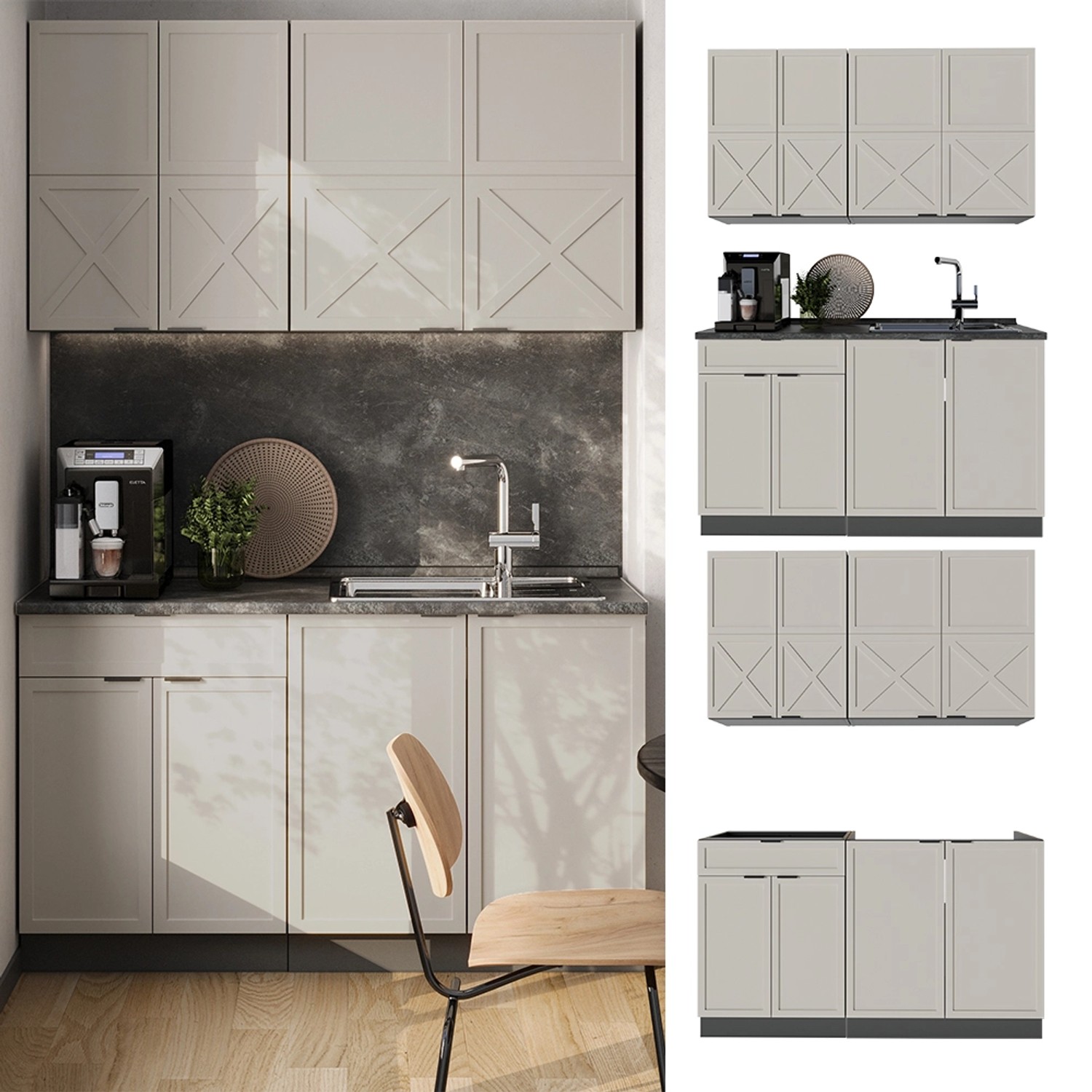 Vicco Fame-Line Singleküche, 140 cm, GrauBeige/Weiß, ohne Arbeitsplatte. Kompakte Küchenzeile für kleine Räume.