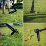 Collage: Fiskars Unkrautstecher Solid im Einsatz zum Unkraut entfernen im Garten.