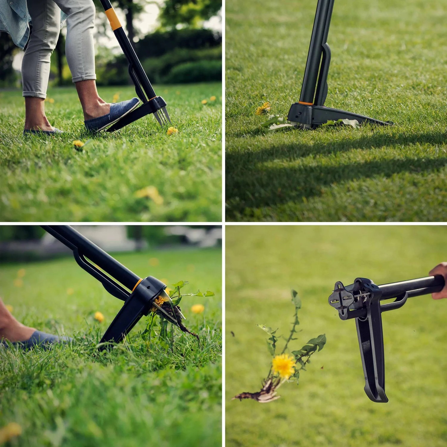 Collage: Fiskars Unkrautstecher Solid im Einsatz zum Unkraut entfernen im Garten.