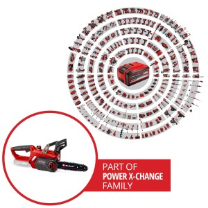 Einhell Akku-Kettensäge GE-LC 18/25 Li Solo mit Power X-Change Akku und Werkzeugen der Familie.