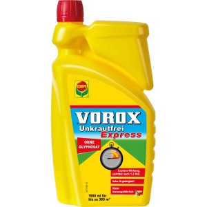 Gelbe Flasche Vorox Unkrautfrei Express 1500ml, glyphosatfrei für die Unkrautbekämpfung im Garten.