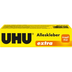 Uhu Extra Alleskleber Transparent 31g in gelber Verpackung, tropffrei.
