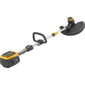 Stiga Akku-Rasentrimmer GT 500e Solo, gelb-schwarz, mit verstellbarem Handgriff und Teleskopschaft.