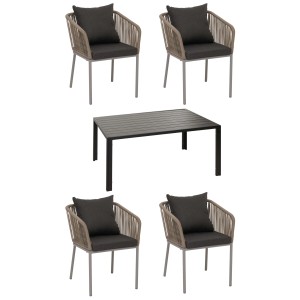 5-teilige Gartengarnitur: Tisch und 4 Stühle mit Kissen, hellgrau/dunkelgrau. Gartenmöbel-Set für Terrasse und Garten.