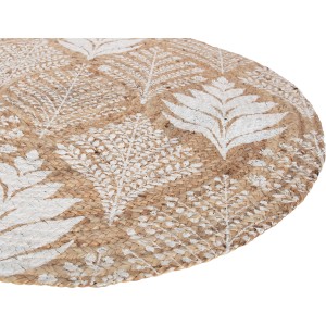 Runder Jute Teppich in Natur-Beige mit weißem Pflanzenmuster, Durchmesser 100 cm.